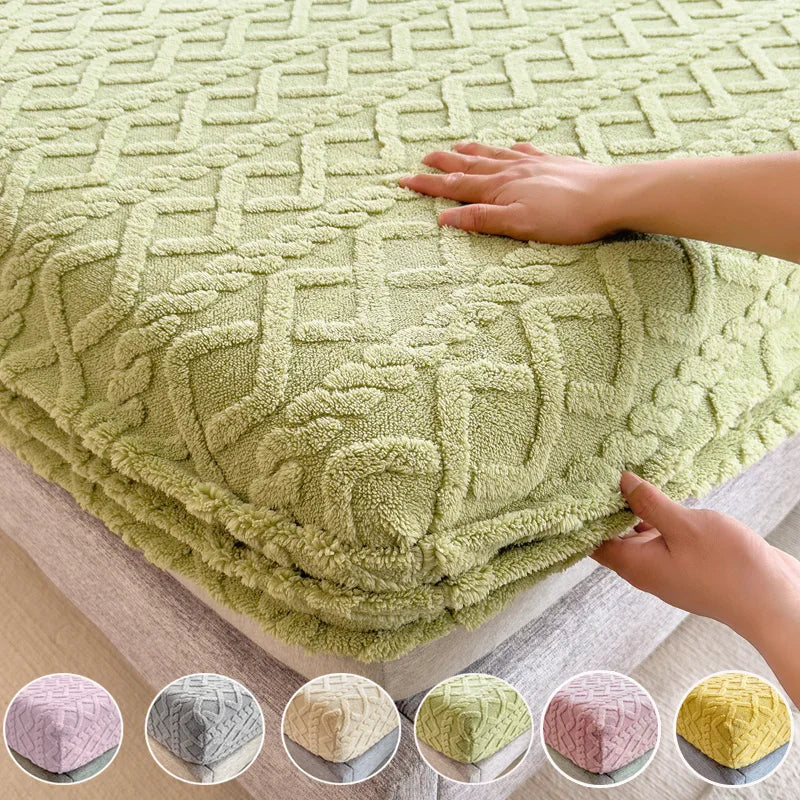 Jacquard Bed Cover 3D Embossed Velvet Mattress Cover Tafferta Bedsheet Winter Warm Fitted Sheet Mattress Protector Thickened ShopOnlyDeal