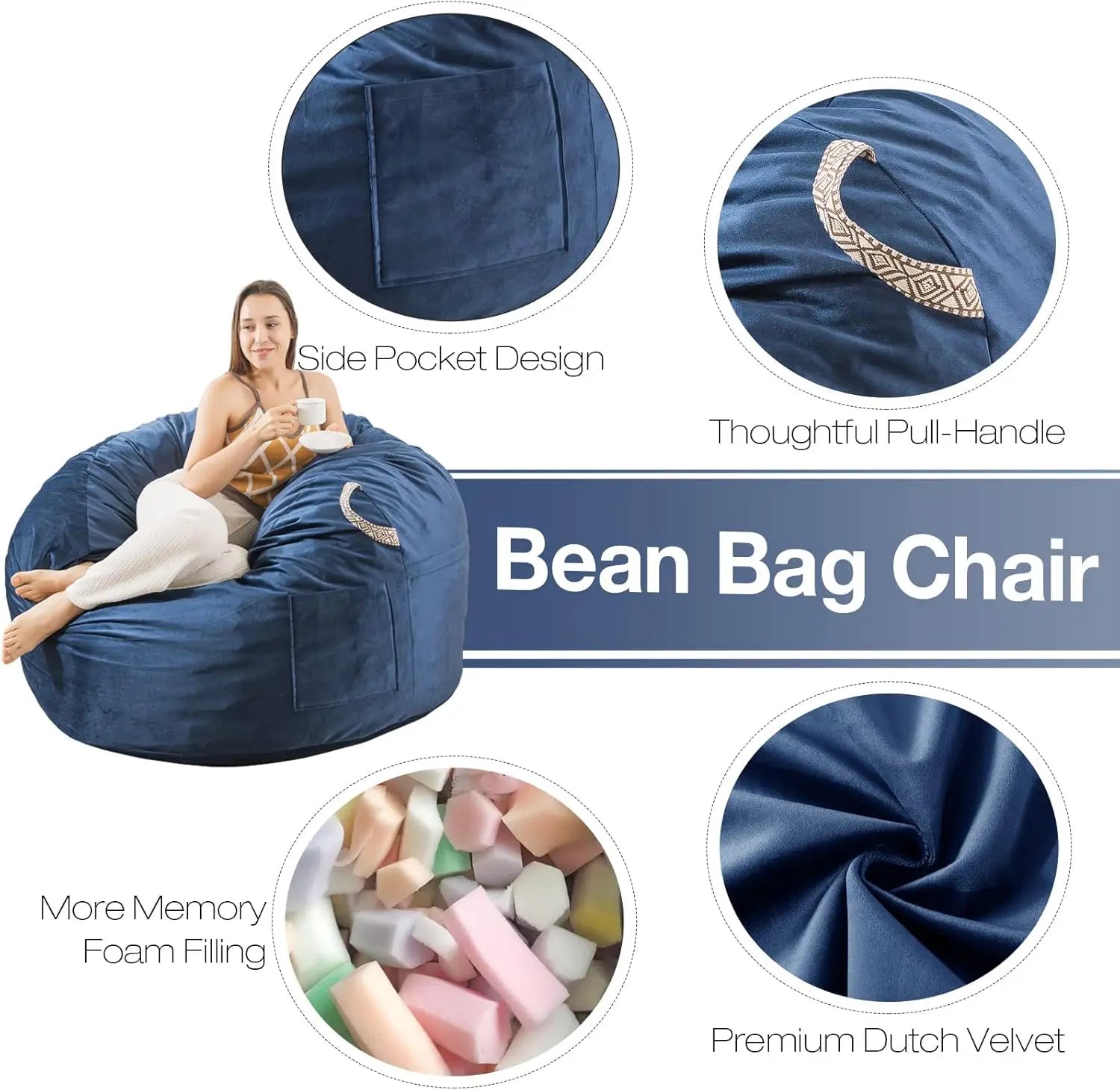 [Outer Cover] Large Bean Bag Chair, 4 ft Bean Bag Chairs for Adults/Kids with Filling,Soft Memory Foam Bean Bag with F ShopOnlyDeal