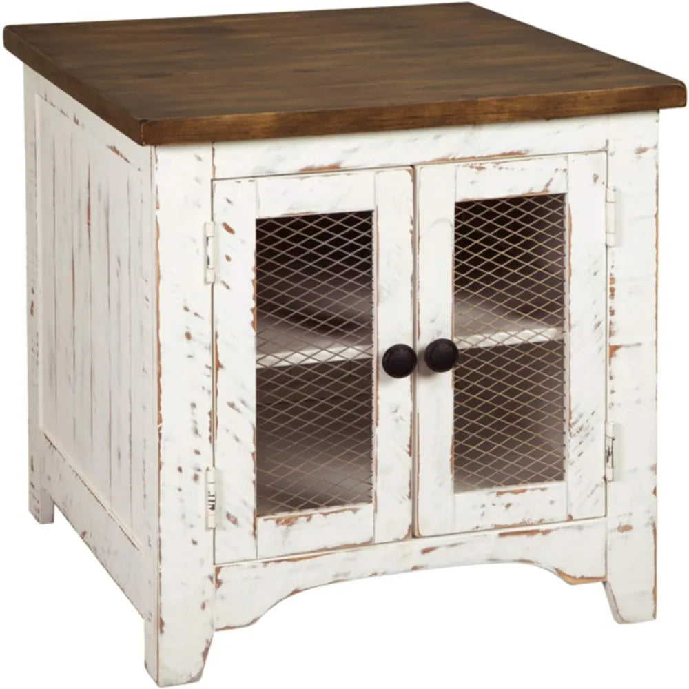 Wystfield Farmhouse End Table with Storage, Distressed White & Brown Finish ShopOnlyDeal