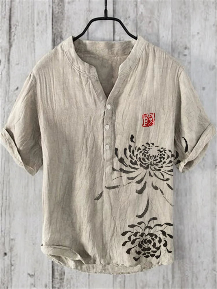 Summer Japanese Art Print Vintage Henley Shirts | Men's Casual Button-Down Short Sleeve V-Neck T-Shirt | Men's Tees Tops Clothing ShopOnlyDeal