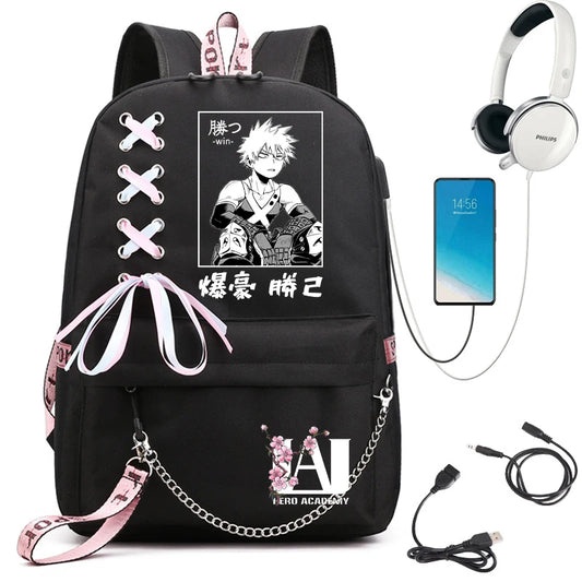 My Hero Academia Anime Women's Backpack | USB Port Ladies Travel Backpack | Shoulder Bag Featuring Katsuki Bakugo | Anime Trend Laptop Backpack ShopOnlyDeal