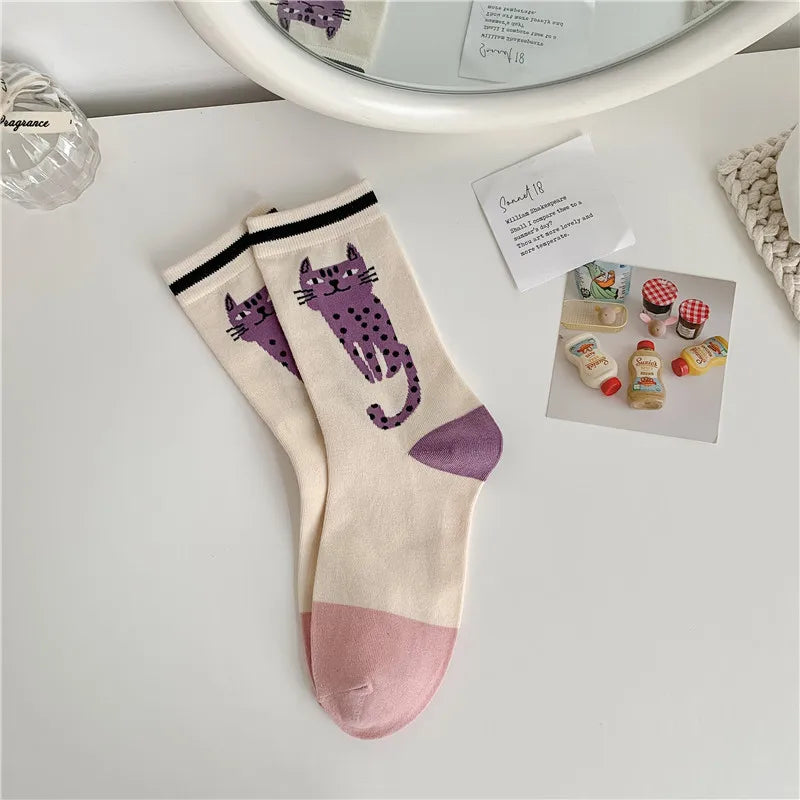 New Cotton Socks for Autumn Winter | Cute Kawaii Harajuku Street Cartoon Cat Mid-Tube Socks | Breathable Sweat Absorption Sports Student Socks ShopOnlyDeal