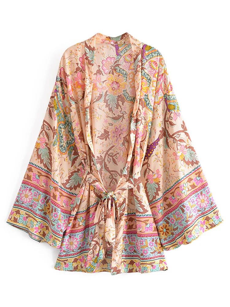 Vintage Peacock Floral Print Sashes Bohemian Kimono | Women V-Neck Batwing Sleeves Short Robe | Boho Bikini Cover-Ups ShopOnlyDeal