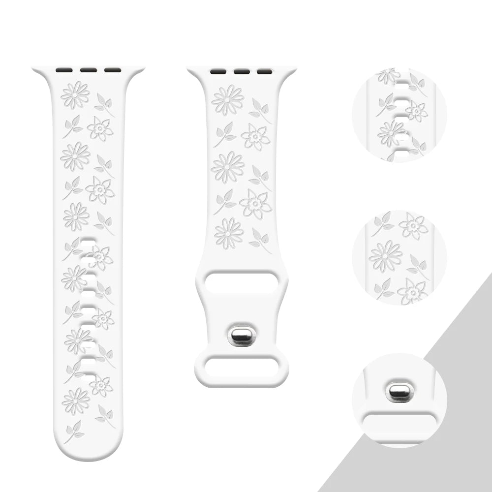 Silicone Strap For Apple Watch Band 45mm 41mm 44mm 40mm 38MM 42MM 49mm Engraved Flower Bracelet iWatch Ultra 9 8 7 6 5 SE Band ShopOnlyDeal