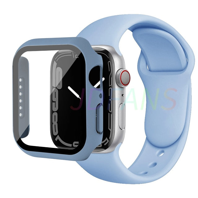 Glass+Case+Strap for Apple Watch 7 6 5 Band 41mm 45mm 44mm 40mm 38mm 42mm Screen Protectors for Apple IWatch Series 7 6 SE 5 3 4 ShopOnlyDeal