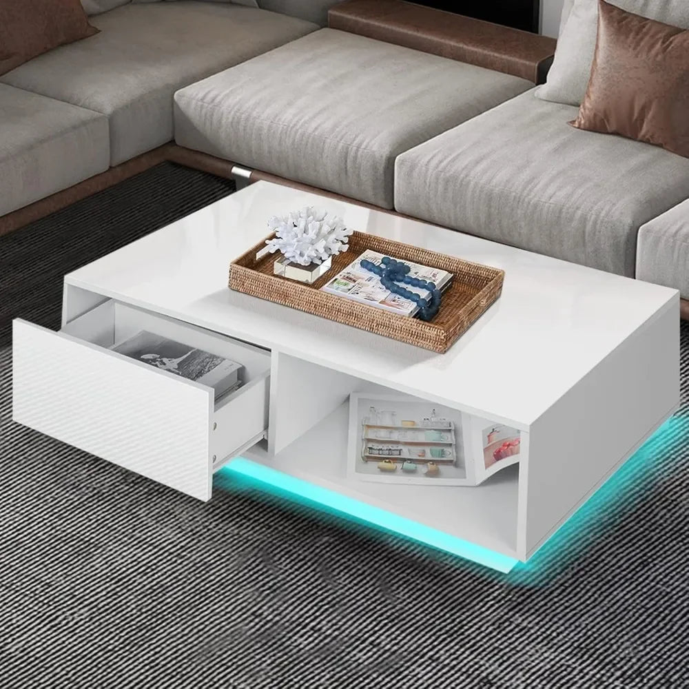 Coffee Table for Living Room Coffee Table Modern Led Center Table with Drawers Storage High Gloss Tabletop and with Led Lights ShopOnlyDeal