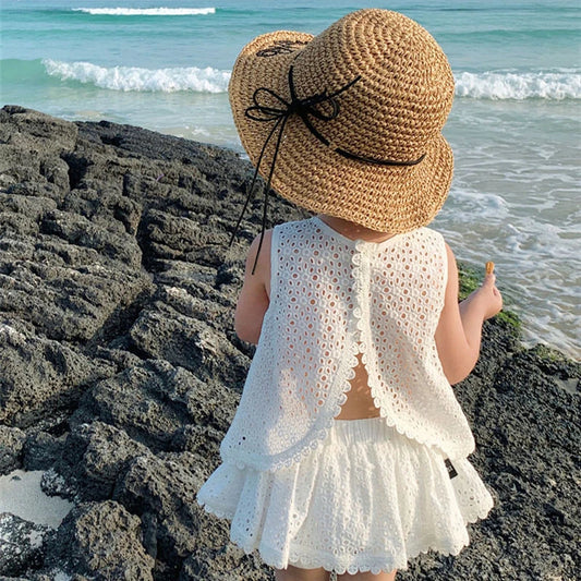 Girls 2024 Summer Clothing Sets Hollow Lace Suit Baby Casual Sleeveless T-shirt+Shorts Kids Clothing Sets Baby Clothes Outfits ShopOnlyDeal