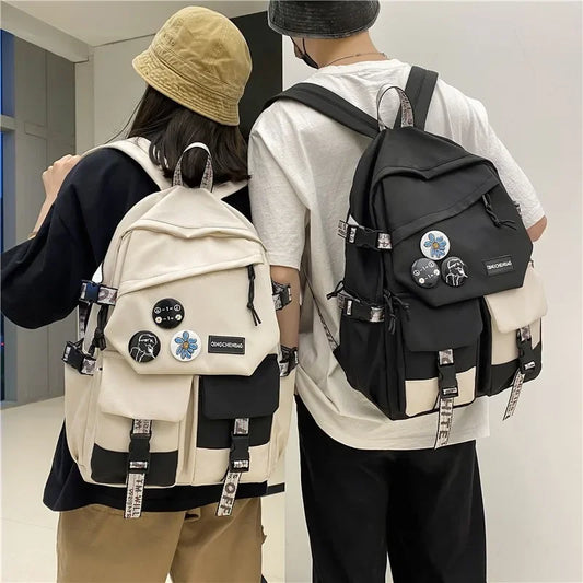 Fashion waterproof nylon women Backpack Girl travel High capacity student men black and white patchwork color laptop bag ShopOnlyDeal