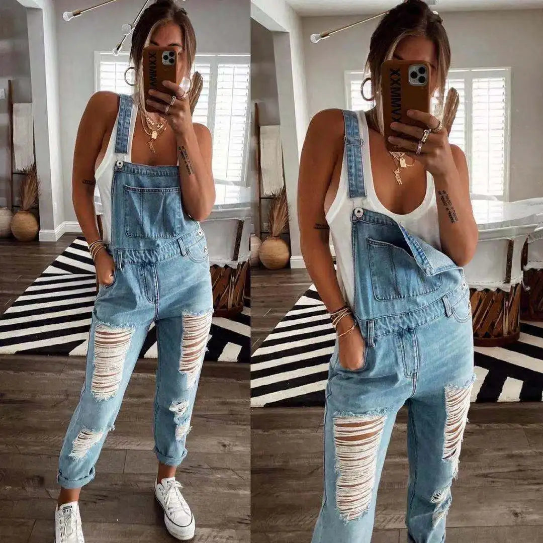 Women's Ripped Denim Jumpsuit | Fashion Slouchy Loose Pocket Slim Solid Color Blue Strap Jeans Trousers ShopOnlyDeal