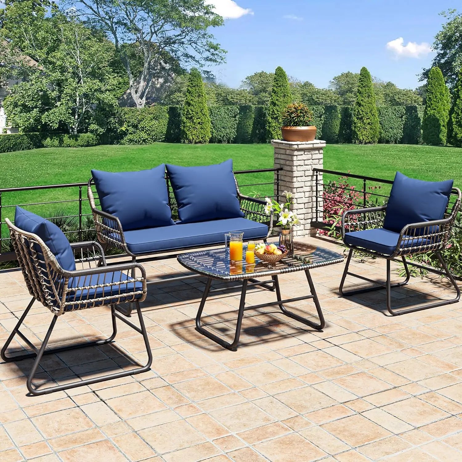 4 Piece Patio Furniture Wicker Outdoor Bistro Set | Rattan Loveseat with Upholstery and Metal Table ShopOnlyDeal