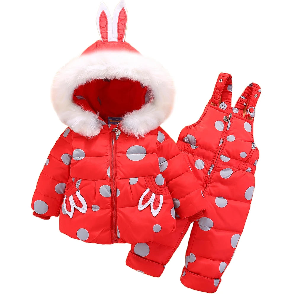 Winter Baby Girls 2PCS Set Rabbit Ear Soft Fur Hooded Infant Girl Down Jacket Snowsuits Contrast Dot Strappy Pants Outfits ShopOnlyDeal