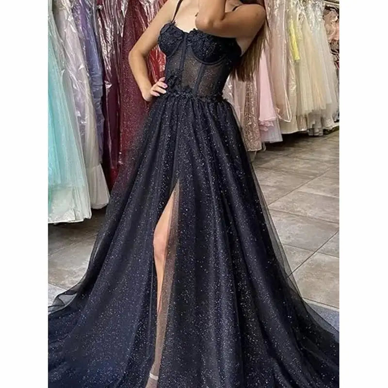 Glitter Tulle Ruffled Prom Dress Long Ball Gown Spaghetti Straps Lace Appliqued 3D Flower Slit Bridesmaid Dresses Cocktail party ShopOnlyDeal