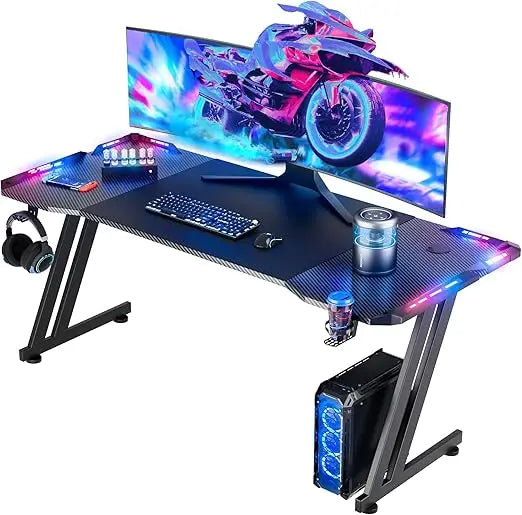 63 Inch Gaming Desk with LED Lights Carbon Fibre Surface Gaming Table Large Computer Desk Ergonomic Home Office Desks Z Shaped ShopOnlyDeal