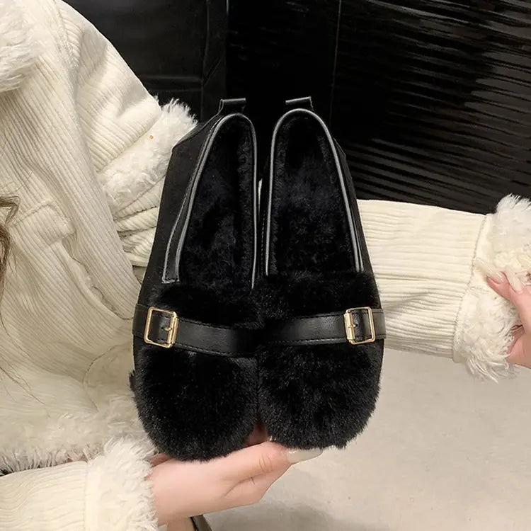 2024 Fluffy Mink Fur Moccasins Woman Belt Buckle Loafers Furry Shoes Ladies Winter Cotton Flats Mujer Daily Shoes Barefoot Boots ShopOnlyDeal