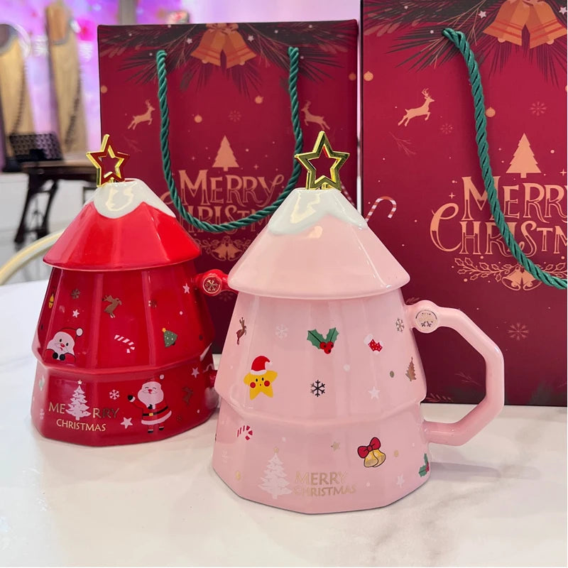 350ML Christmas Tree Mugs with Lid Creative Christmas Ceramic Water Cup Coffee Milk Mug for Home Office Xmas Gifts Box Set ShopOnlyDeal