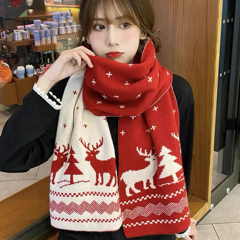 Winter Warm Scarf for Women Men Deer Elk Double-Sided Knitted Scarves Fashion Versatile Woolen Shawl Girls Christmas Present ShopOnlyDeal