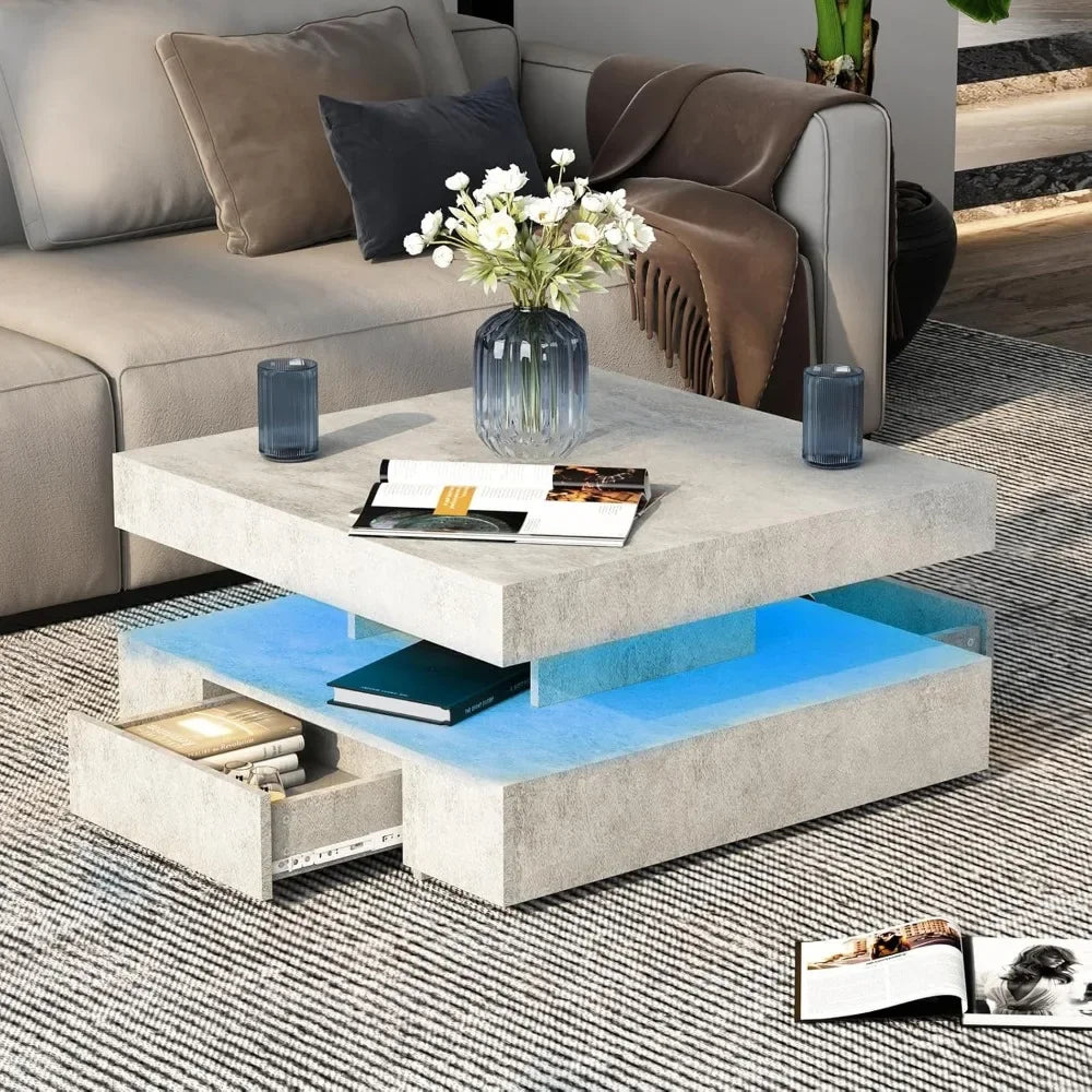 Grey LED Coffee Table with 2Storage Drawers for Living Room Square Center Middle Cocktail Table with Light 2Tier Tea Tables ShopOnlyDeal