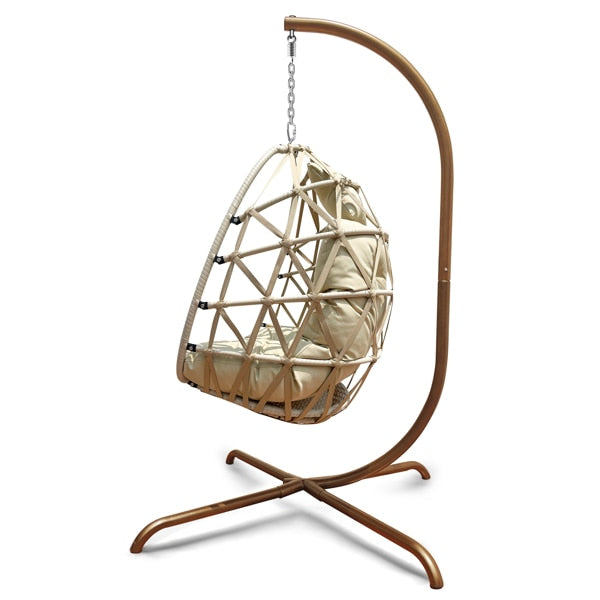 Swing Egg Chair with Stand - Indoor Outdoor Wicker Rattan Patio Hanging Chair with C Type Bracket, Cushion, and Pillow ShopOnlyDeal