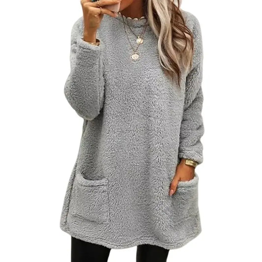 Autumn Winter O Neck Pullover Plush Hoodie Women Daily Commuter Casual Double Pockets Splice Hem Sweatshirt Female Long Warm Top ShopOnlyDeal