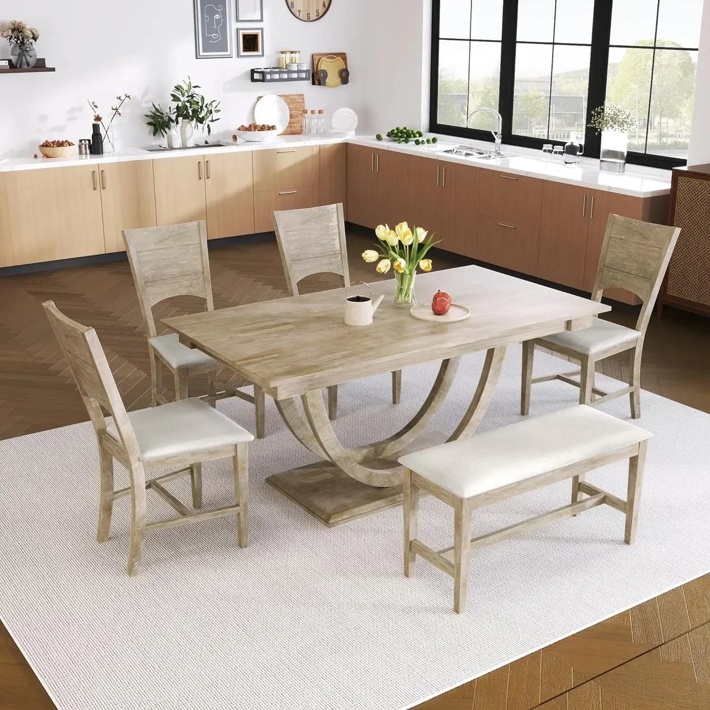 Wood Dining Table Set for 6 with 4 Chair & Bench， Kitchen Table and Chairs，Household dining table set ShopOnlyDeal