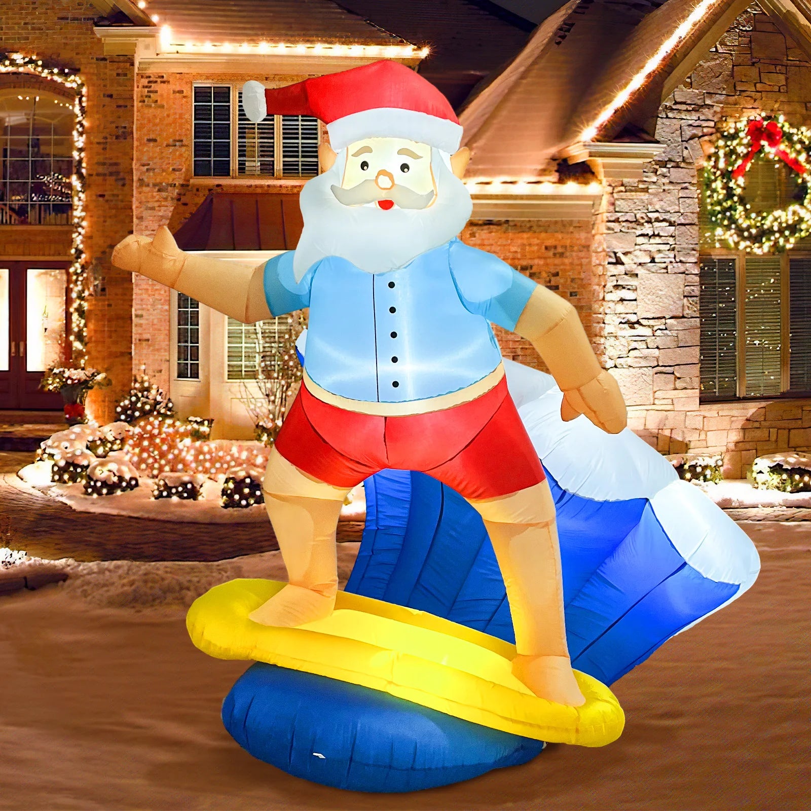 PartyWorld 6FT Christmas Inflatable Outdoor Surfing Santa Claus Decoration Giant Blow Up with LED Lights for Xmas Outdoor Decor ShopOnlyDeal