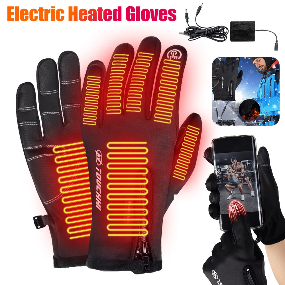 USB Heated Gloves Man Windproof Winter Motorcycle Gloves Hand Warmer Rechargeable Touch Screen Cycling Gloves for Camping Hiking ShopOnlyDeal