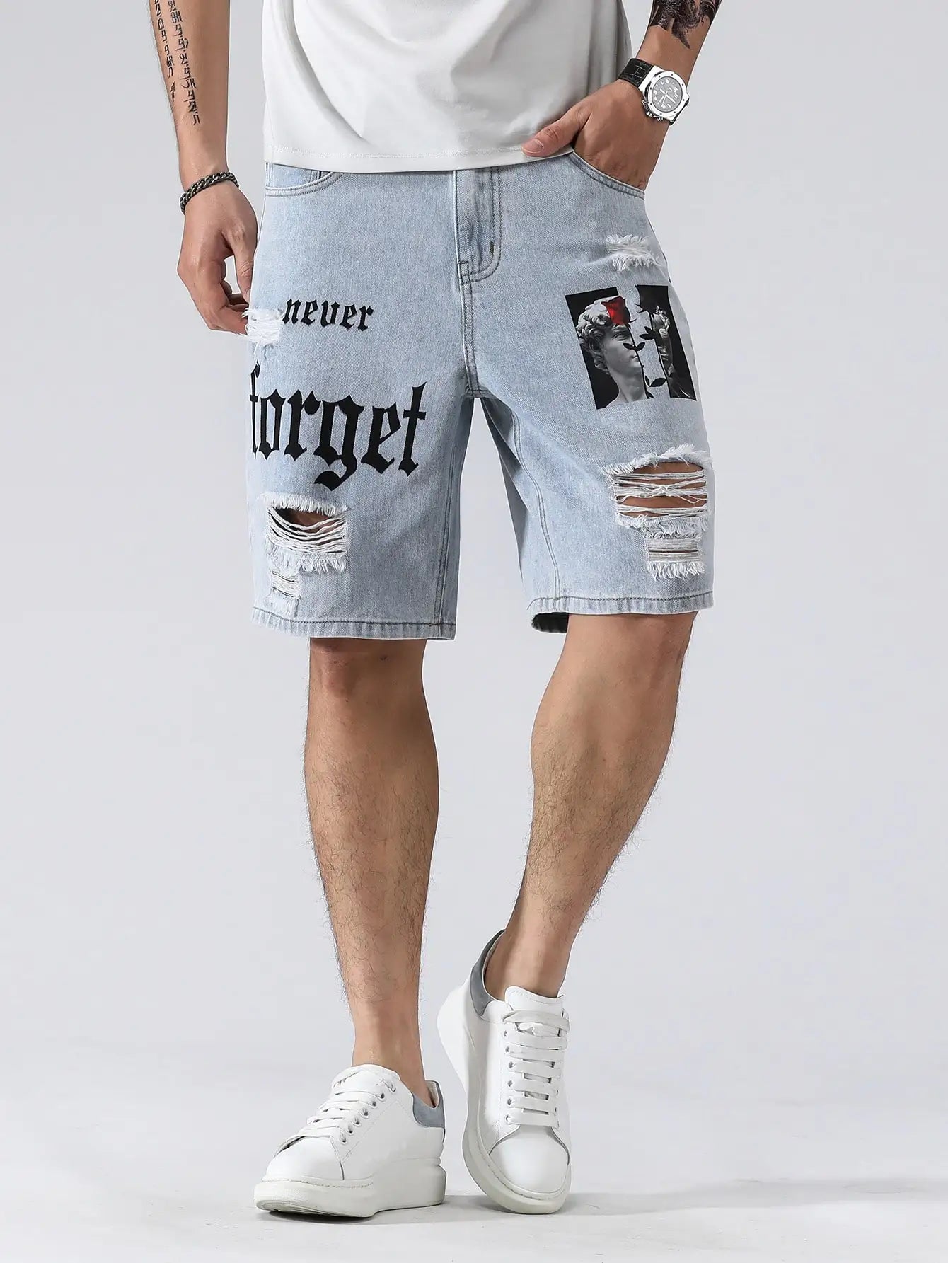 Men Summer Stretchy Denim Shorts Jeans For Men Streetwear Letter Ripped Knee length Baggy Comfort Cargo Casual Shorts Pants Jean ShopOnlyDeal