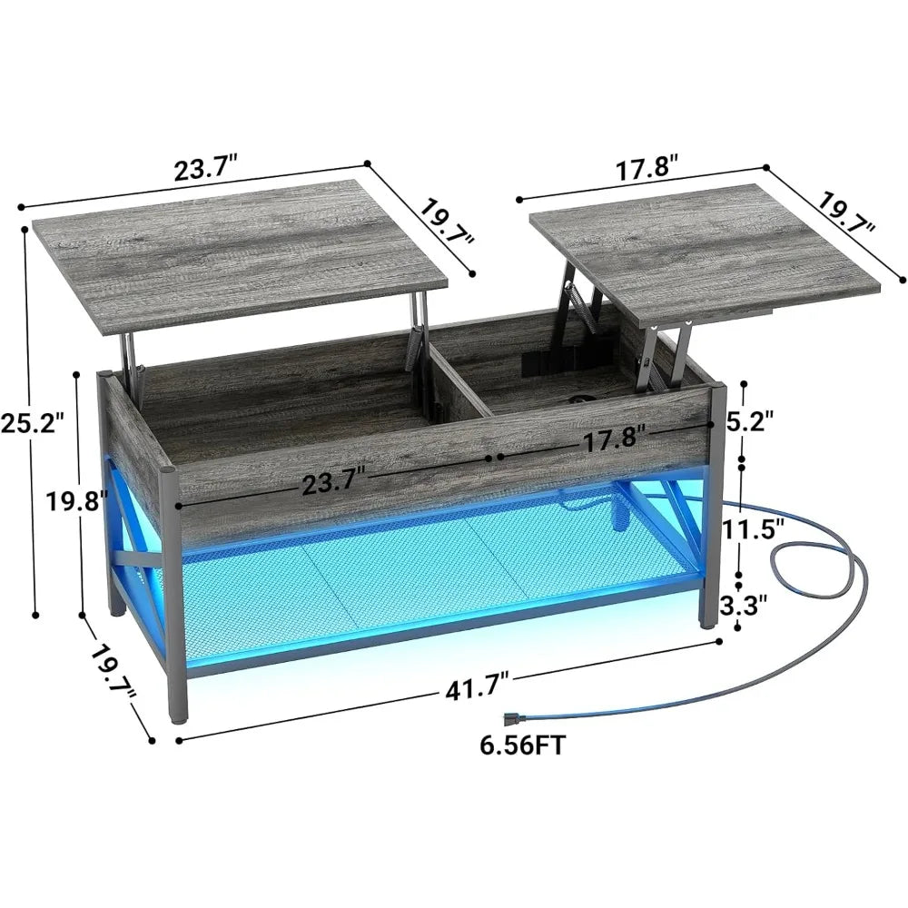 Lift Top Coffee Center Table with LED Light and Power Outlet, Modern Table with Storage Shelf for Living Room, Lift Tabletop ShopOnlyDeal