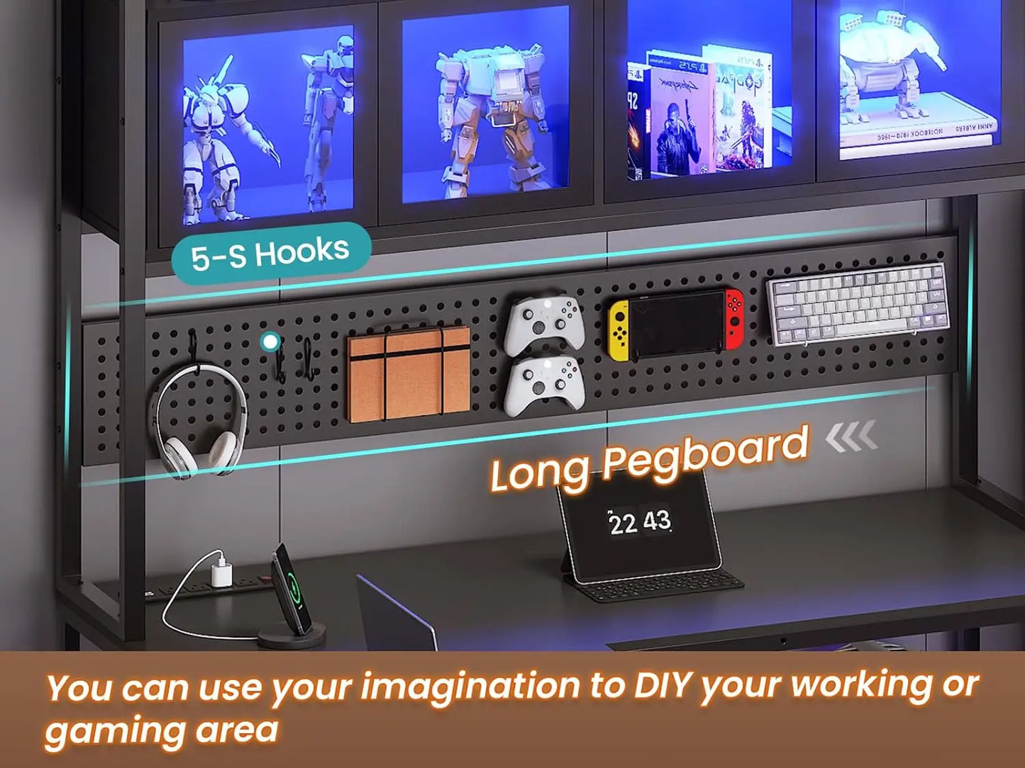 L Shaped Gaming Desk with Drawers, L Shaped Computer Desk with Hutch and Storage Shelves, Gaming Desk with Pegboard, ShopOnlyDeal