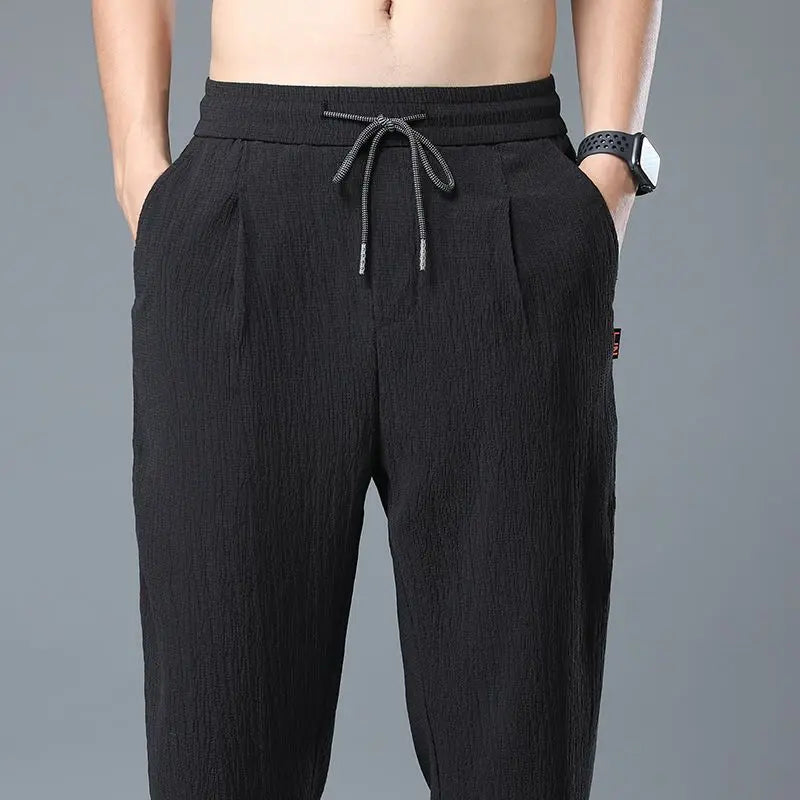 Summer Thin Elastic Casual Pants Men Solid Pleated Ice Silk Strap High Waist Drawstring Pocket Loose Straight Trousers 2023 New ShopOnlyDeal