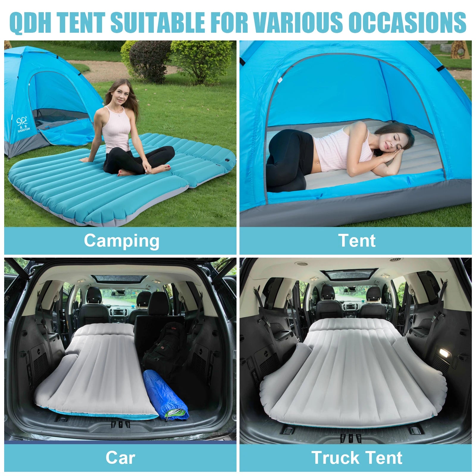 QDH SUV Air Mattress - Double-Sided Inflatable Camping Bed with Electric Pump for Trunk & Rear Seat Gray/Blue, No Pillows ShopOnlyDeal