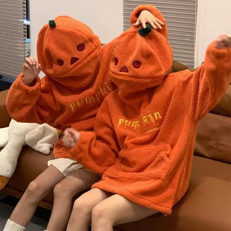 2024 Winter New Halloween Party Pumpkin Head Lamb Fleece Hoodie Women Men Unisex Hooded Sweatshirt Embroidery Thicken Streetwear ShopOnlyDeal