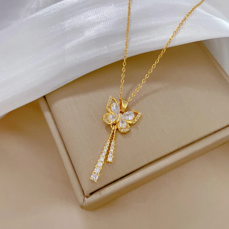 Classic Charming Romantic White Tassel Butterfly Necklace Fashionable Micro-inlaid Temperament Versatile Stainless Steel Gift ShopOnlyDeal