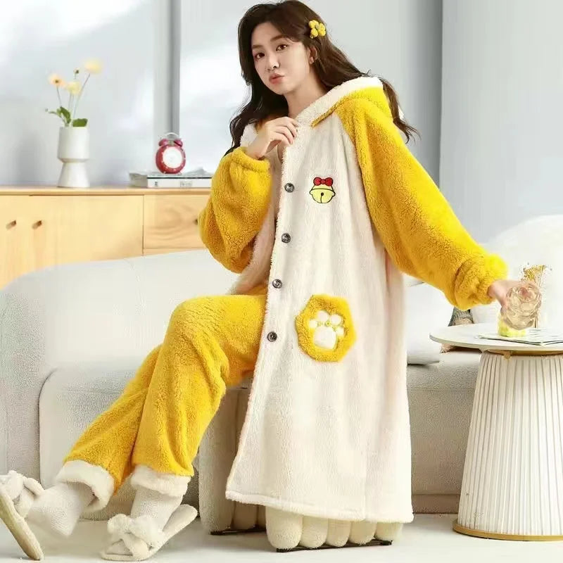 Winter Flannel Pajamas Sets For Women Cute Rabbit Ears Hooded Sleepwear Warm Thick Pyjamas Two Pieces Home Night Wear ShopOnlyDeal