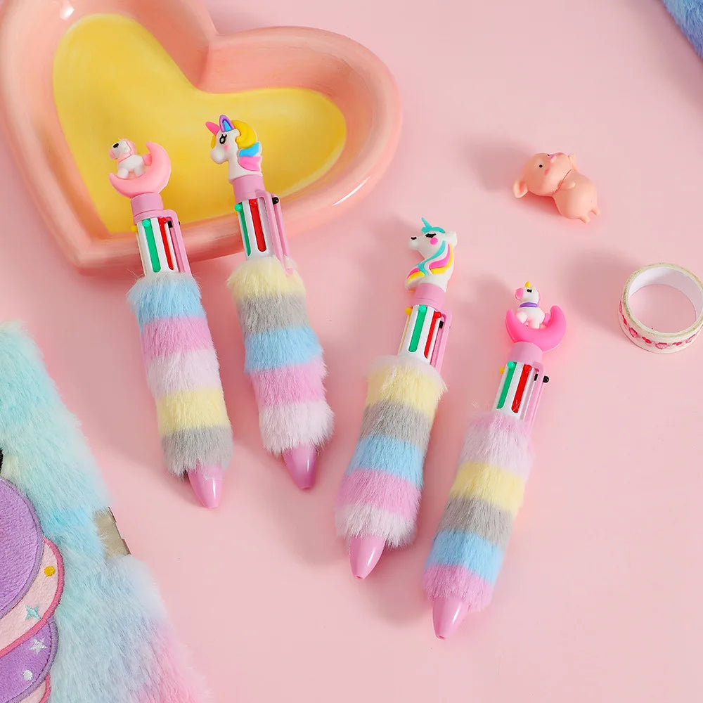 Kawaii Unicorn Fluffy 6 Colored Mechanical Ballpoint Pen | School & Office Writing Supplies | Stationery Gift ShopOnlyDeal