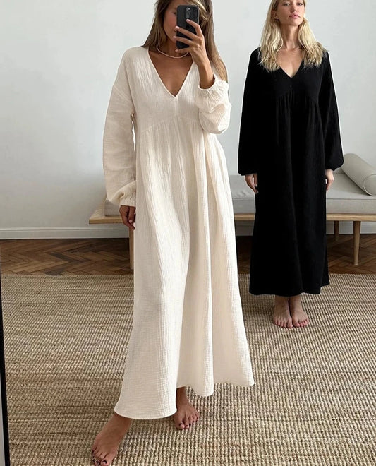 Clacive Casual Loose Beige Cotton Women Dress | 2024 Fashion V-Neck Long Sleeve Ankle Length Dresses | Elegant Classic Female Dress ShopOnlyDeal