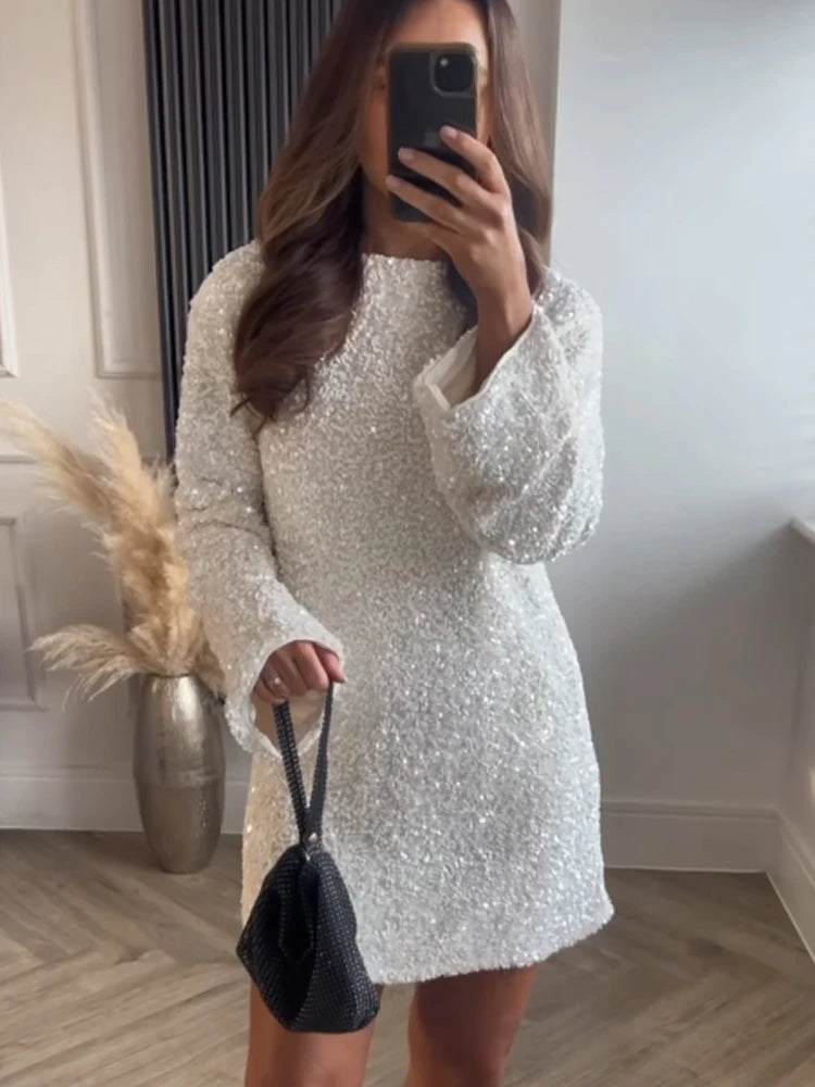 Fashion Shining Sequin Mini Dress For Women Long Sleeve Bowknot Chic Short Dresses Female Elegant Holiday Evening Party Looks ShopOnlyDeal