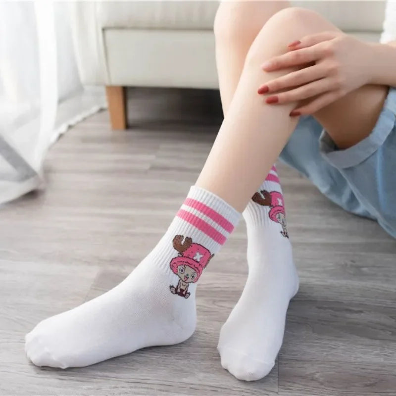 Anime One Piece Socks | Cartoon 5 Pair Set | Luffy & Chopper Student Cotton Socks | White Long Short Boat Socks | Printed Knitted Socks | Children's Gift ShopOnlyDeal