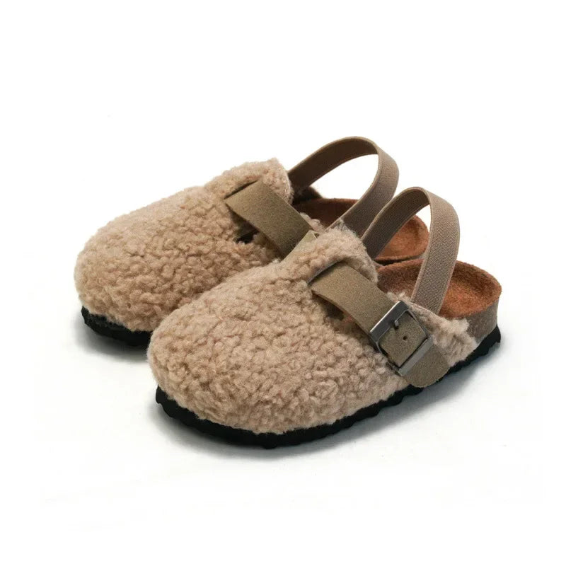 Child Baby Boys Girls Warm Fuzzy Slipper Plush Sandals Cork Faux Fur Flats Toddler Prewalker Slipper Elastic Back Strap ShopOnlyDeal