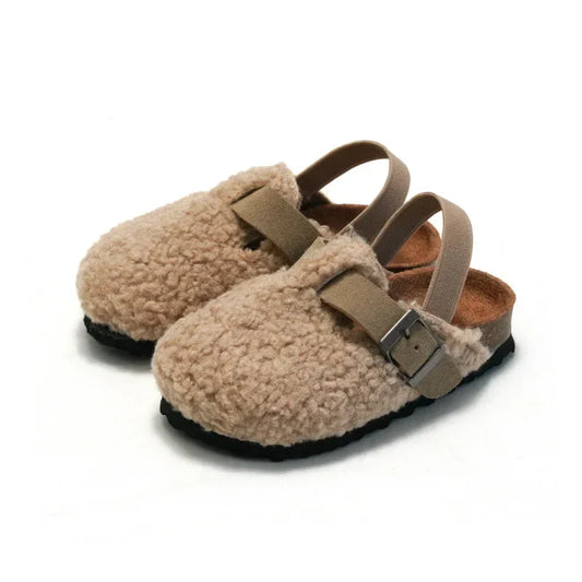 Child Baby Boys Girls Warm Fuzzy Slipper Plush Sandals Cork Faux Fur Flats Toddler Prewalker Slipper Elastic Back Strap ShopOnlyDeal