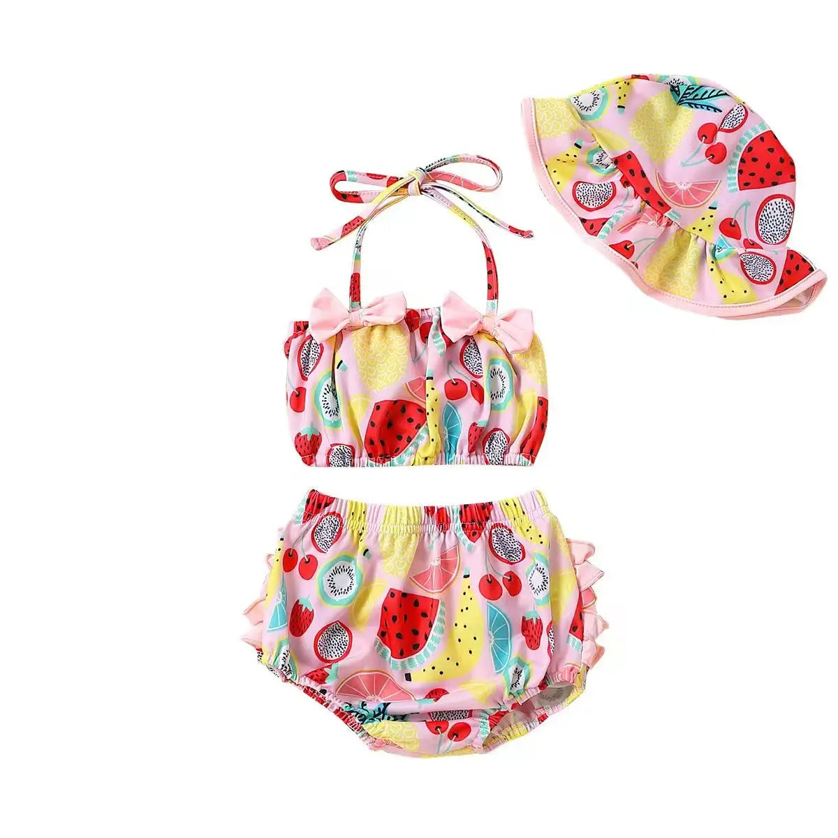 0-24Months Toddler Baby Girl 3pcs Swimsuits Summer Fruit Print Bandage Halter Sleeveless Tops Beach Shorts and Hat Sets ShopOnlyDeal