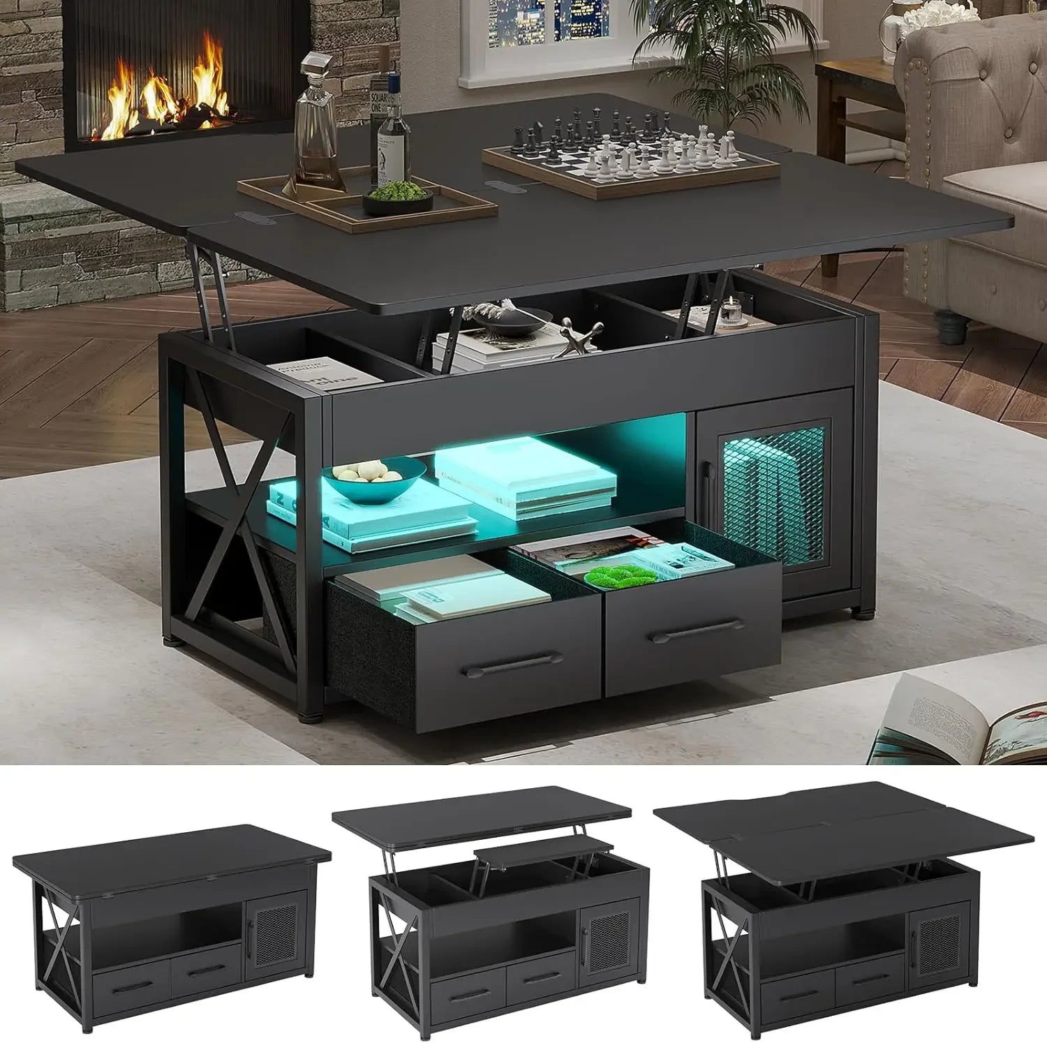 Coffee Tables Lift 4 in 1  with Storage Room, Small Farmhouse Coffee Table with 2 Fabric Drawers & LED Light for Dining Room ShopOnlyDeal