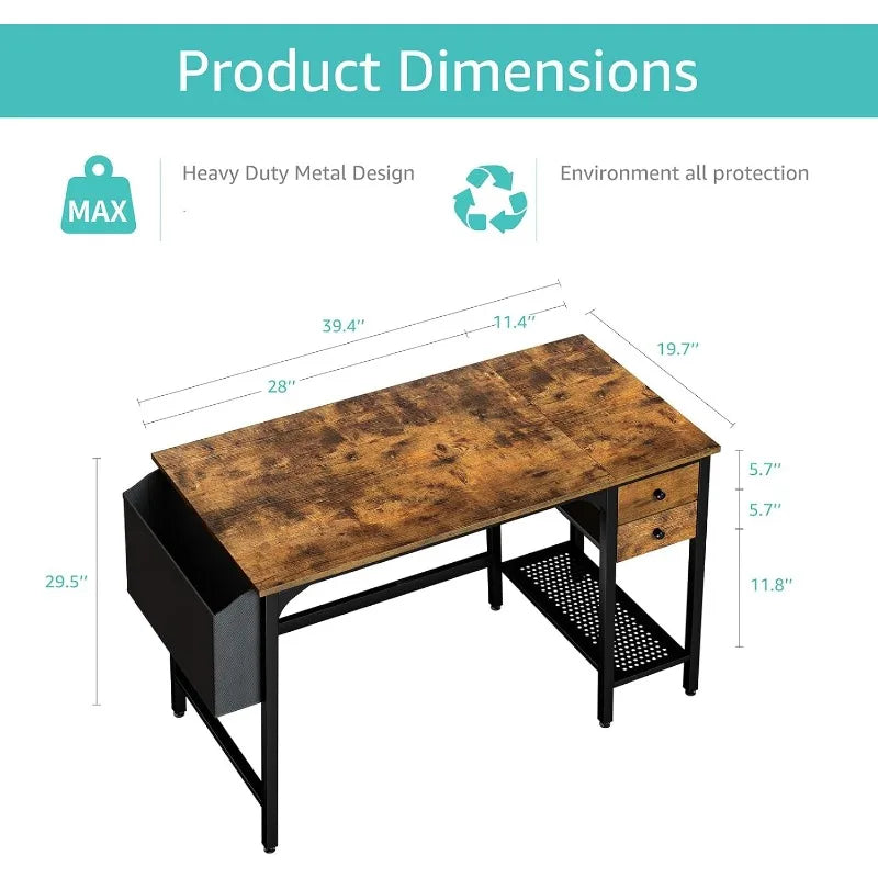 Computer Desk with Drawers - 40 Inch Work Small Desk for Bedroom Home Office, Simple Study Writing Table PC Desks ShopOnlyDeal