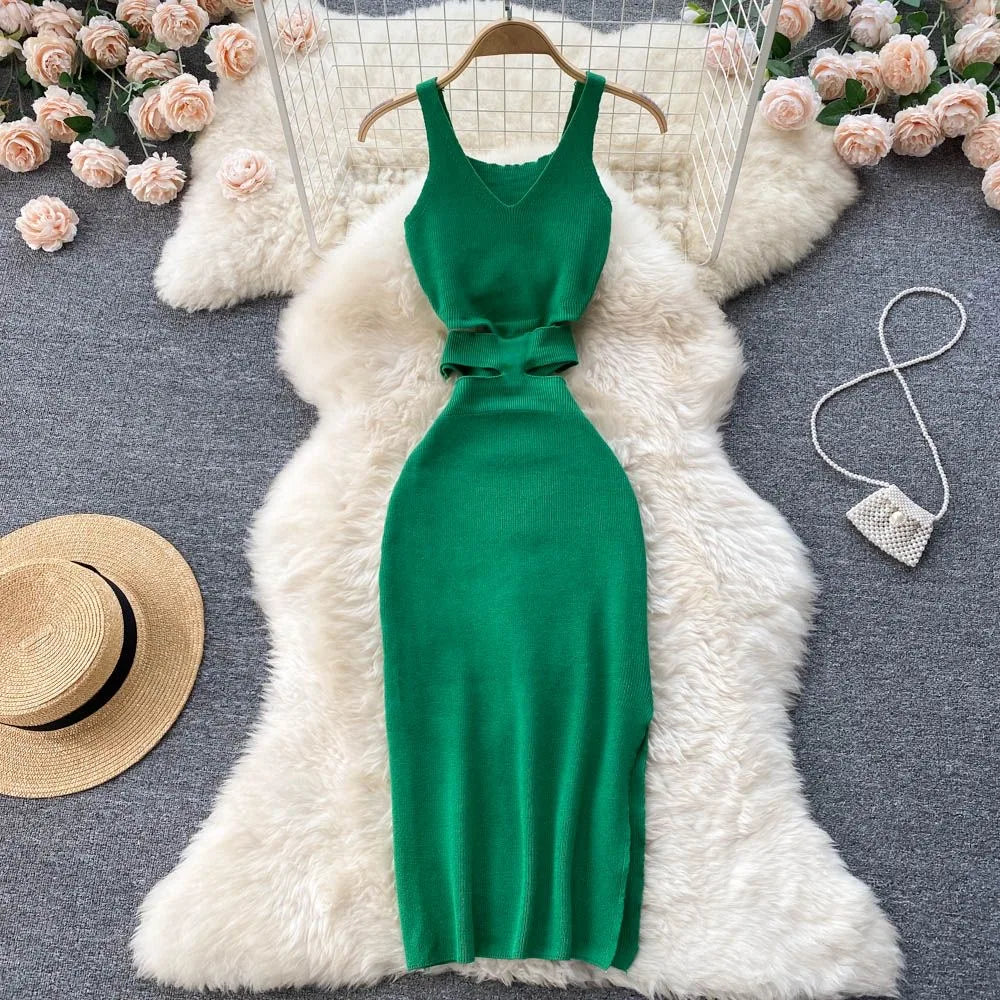 Women Dress Sexy Cut Out Waist Package Hips Split Bodycon Dress Summer Fashion Lady Knitted Party Vestidos Sundress ShopOnlyDeal