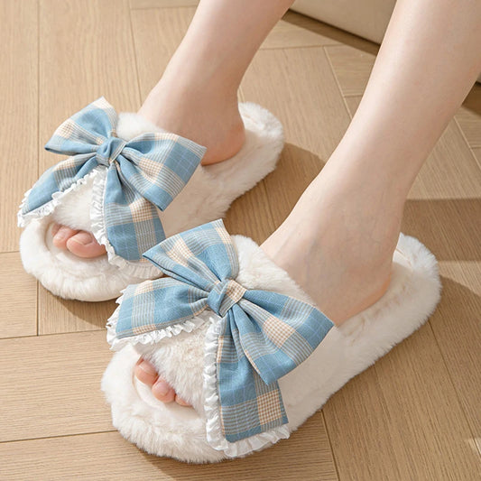 Fashion Plaid Bowknot Fur Slippers for Women 2024 Winter Fluffy Warm Plush Slippers Woman Flat Non Slip Indoor Home Shoes Slides ShopOnlyDeal