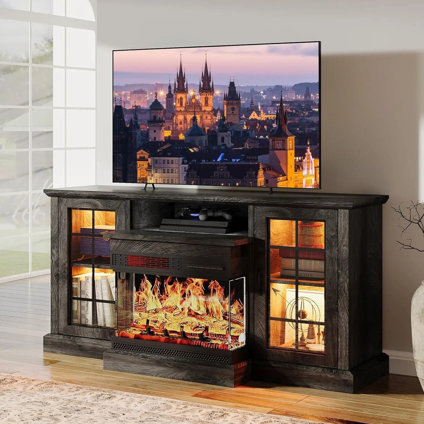 59'' Fireplace TV Stand, 3 Sided Glass Media Entertainment Center Console Table for TVs up to 65'' with Glass Door Adjustable ShopOnlyDeal