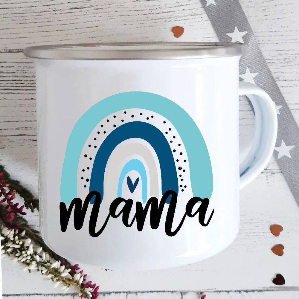 Mama Rainbow Print Enamel Mug | Home Party Wine Beer Drink Juice Cups | Kitchen Drinkware with Handle | Breakfast Milk Oat Mug | Holiday Gift ShopOnlyDeal