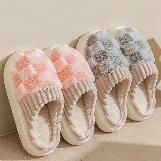 Fashion Couple Winter Slides Warm Plaid Fluffy Slippers Soft Sole Flip Flops For Women And Men Home Indoor Non-slip Cotton Shoes ShopOnlyDeal