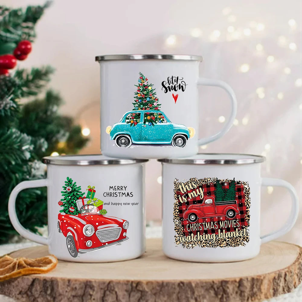 Christmas Trees Truck Print Creative Coffee Cup Christmas Party Decor Drinks Wine Juice Cocoa Cups Handle Enamel Mugs Xmas Gifts ShopOnlyDeal