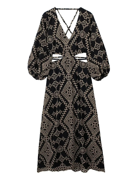 Women's Open Design Embroidered Midi Dress | Elegant Backless Long Puffed Sleeve V-neck | Spring/Summer Dress ShopOnlyDeal